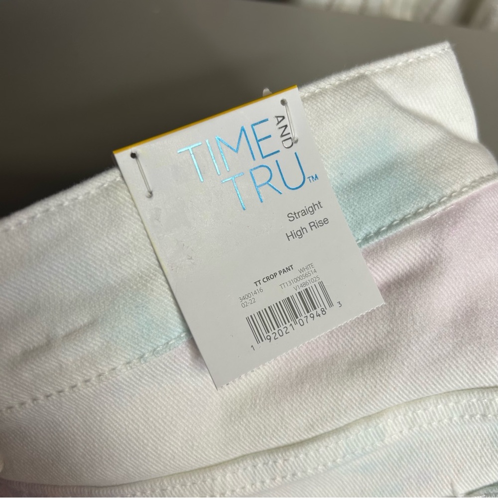 Time & Tru Straight High Rise White Denim Jeans Pant Crop Tie Dye 25" Inseam NWT - Picture 2 of 5